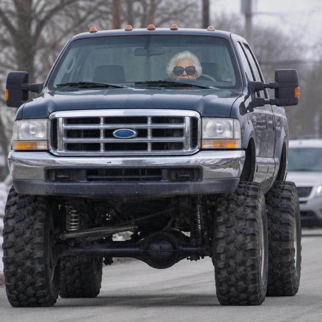 Unchanged original artwork 1779: Granny's gigantic lifted pickup fills a winter street.